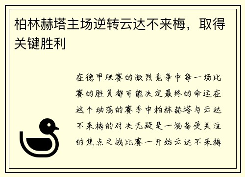 柏林赫塔主场逆转云达不来梅，取得关键胜利