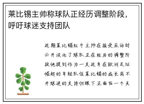 莱比锡主帅称球队正经历调整阶段，呼吁球迷支持团队